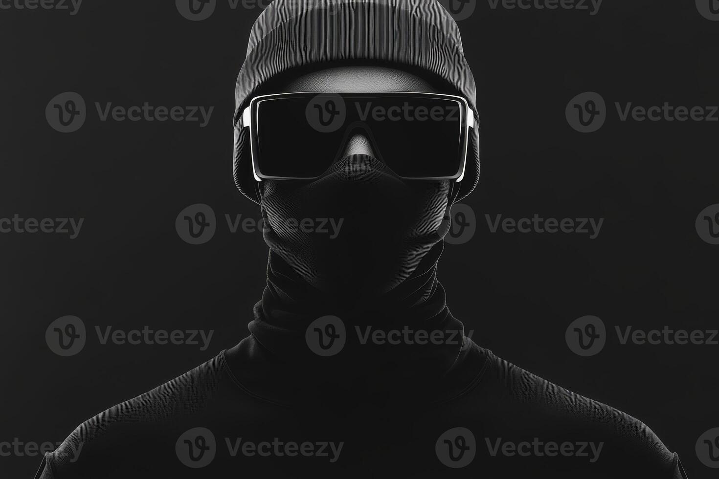 Mysterious figure in sleek black attire and futuristic sunglasses photo