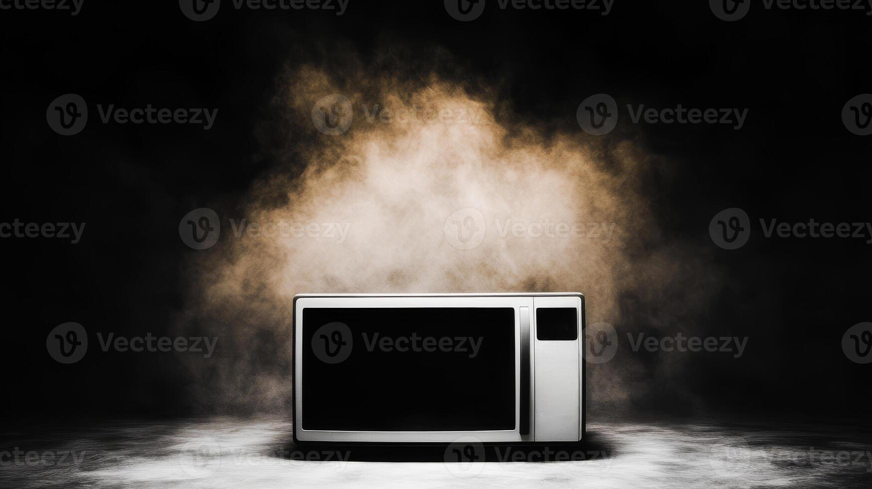 Mysterious microwave resting in a dark and smoky setting photo