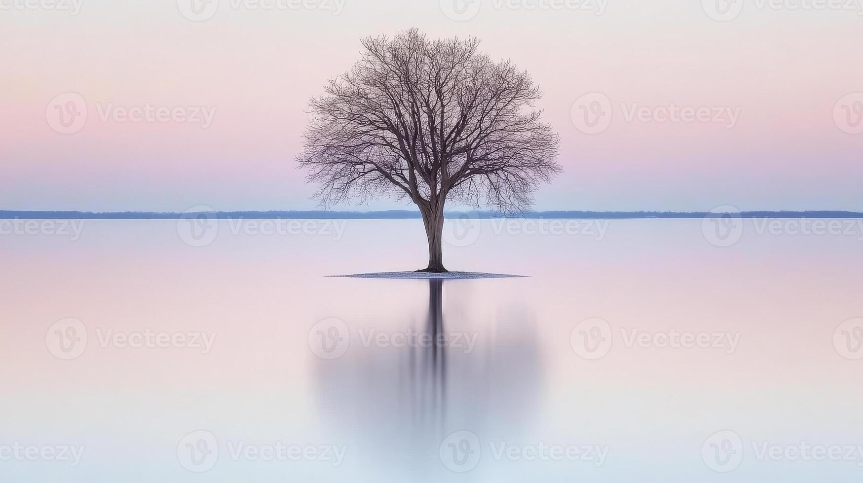 Lonely tree stands serene in pastel reflections at dawn photo