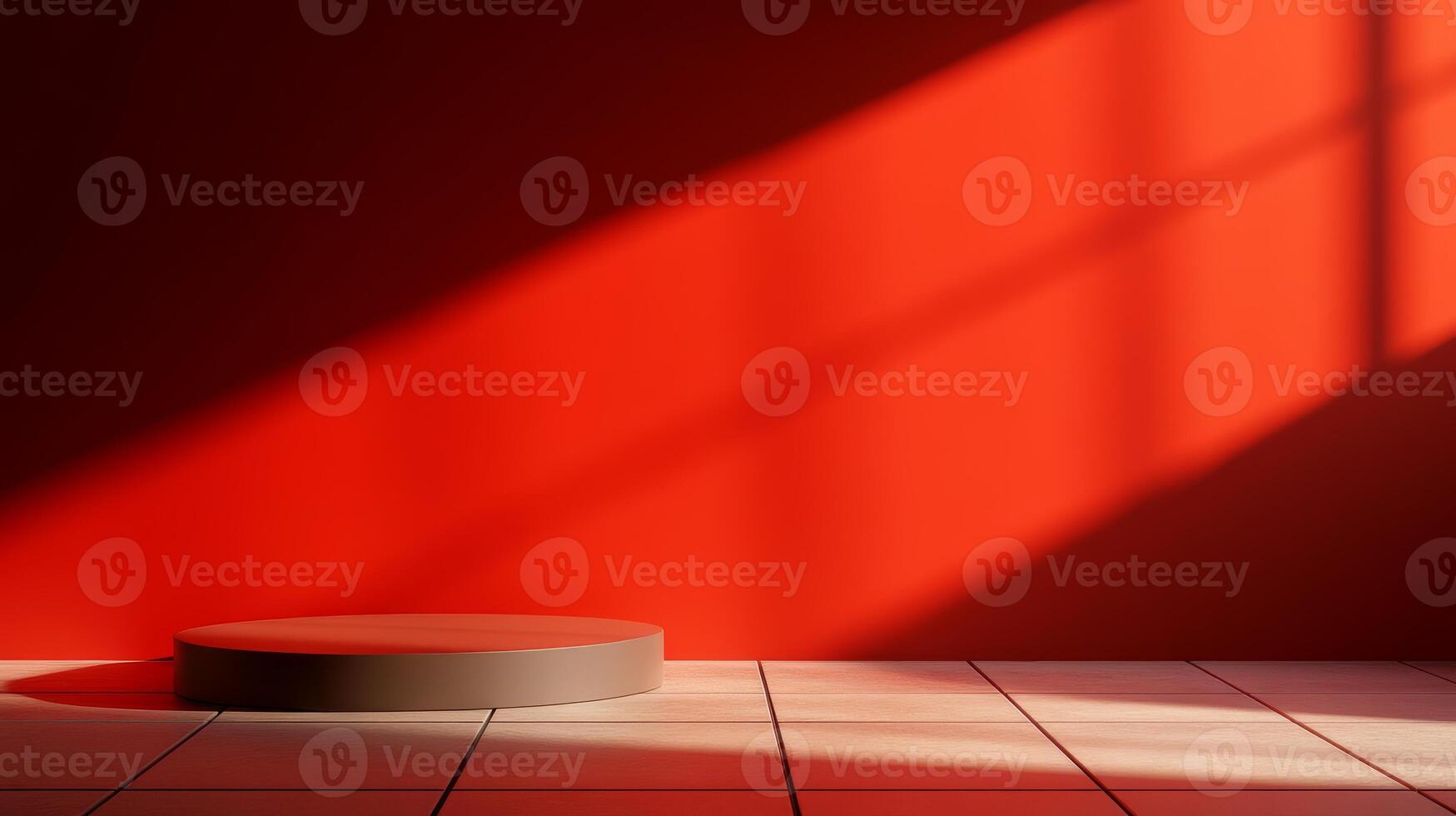 Vibrant red wall bathed in sunlight with raised circular platform photo