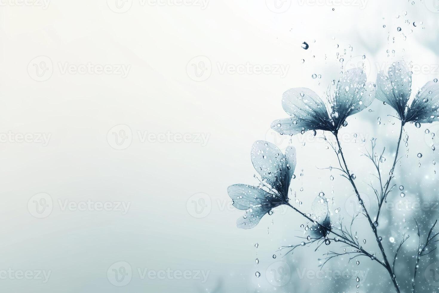 Delicate flowers adorned with raindrops in a soft misty atmosphere photo