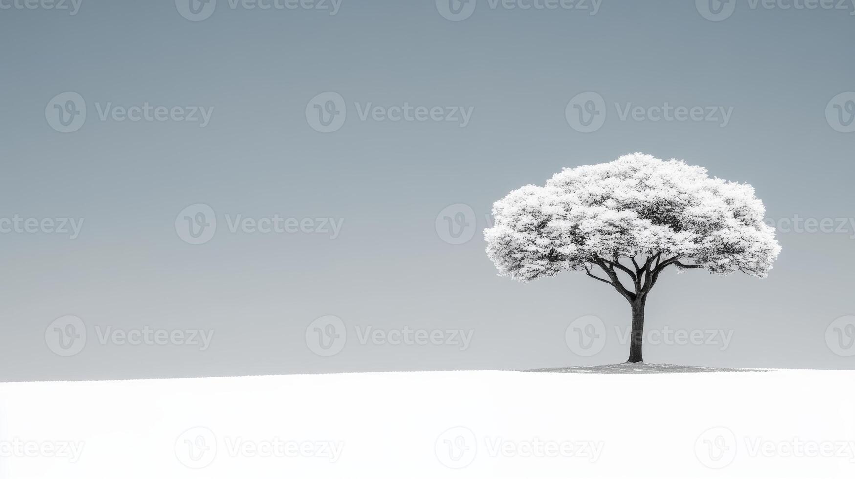 Solitary tree stands serene in winter landscape of soft snow photo
