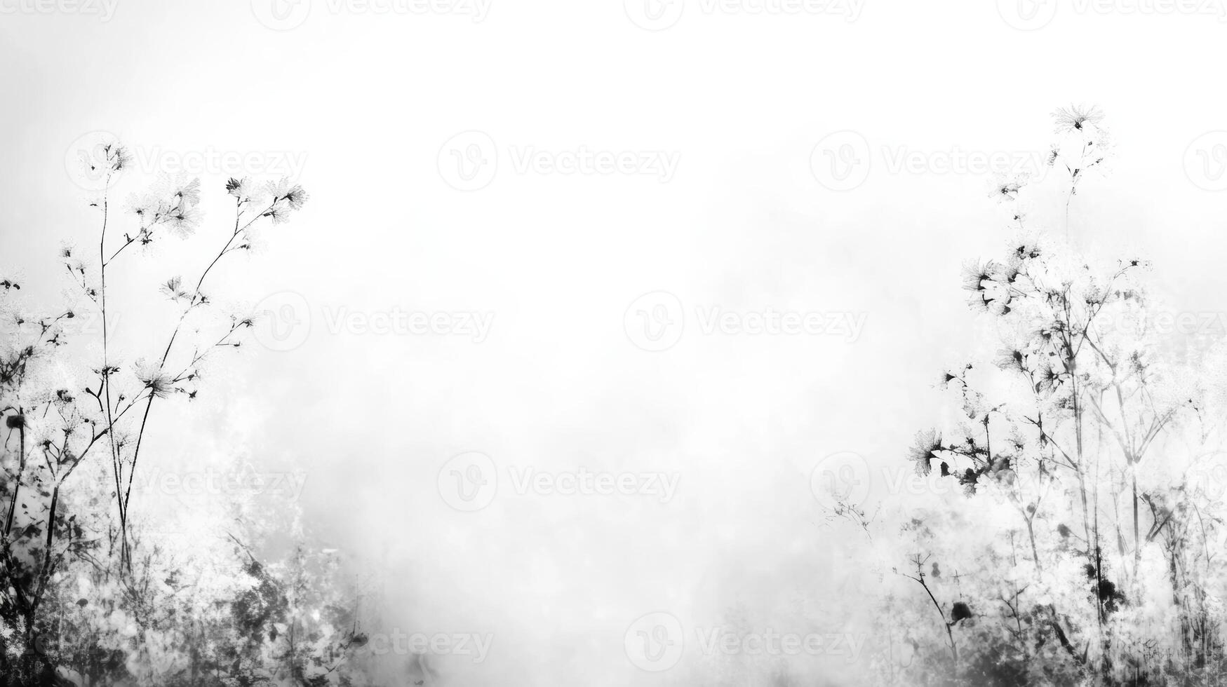 Soft fog envelops wildflowers under a serene gray sky photo