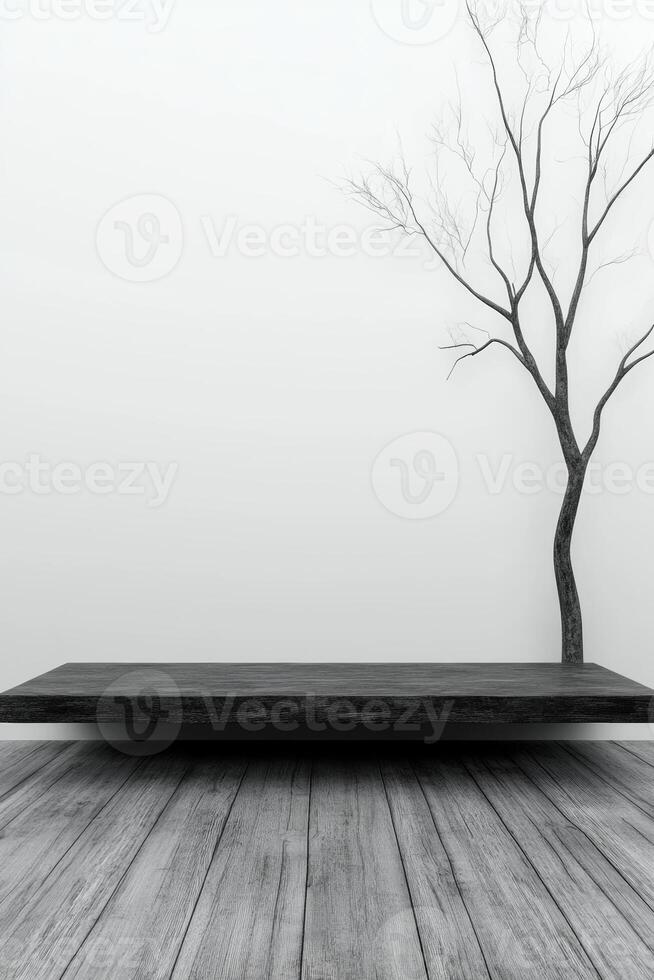 Minimalist decor with a single tree and wooden platform in calm space photo