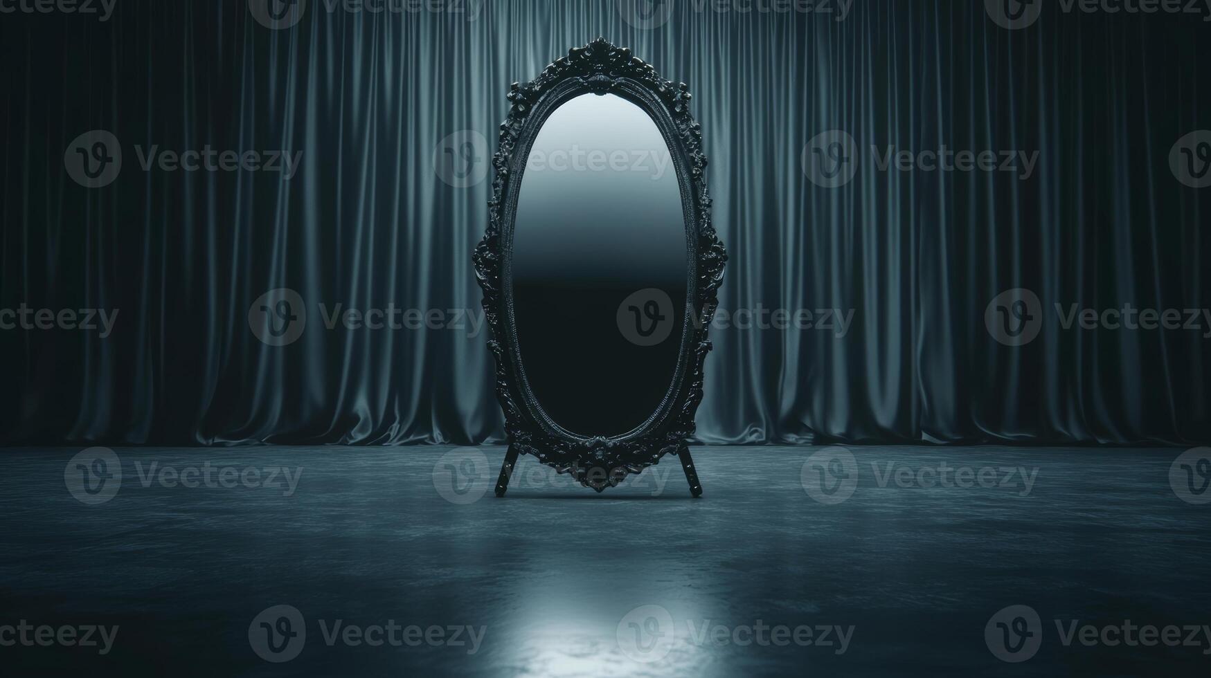 Dark reflection in an ornate mirror set against a curtain backdrop photo