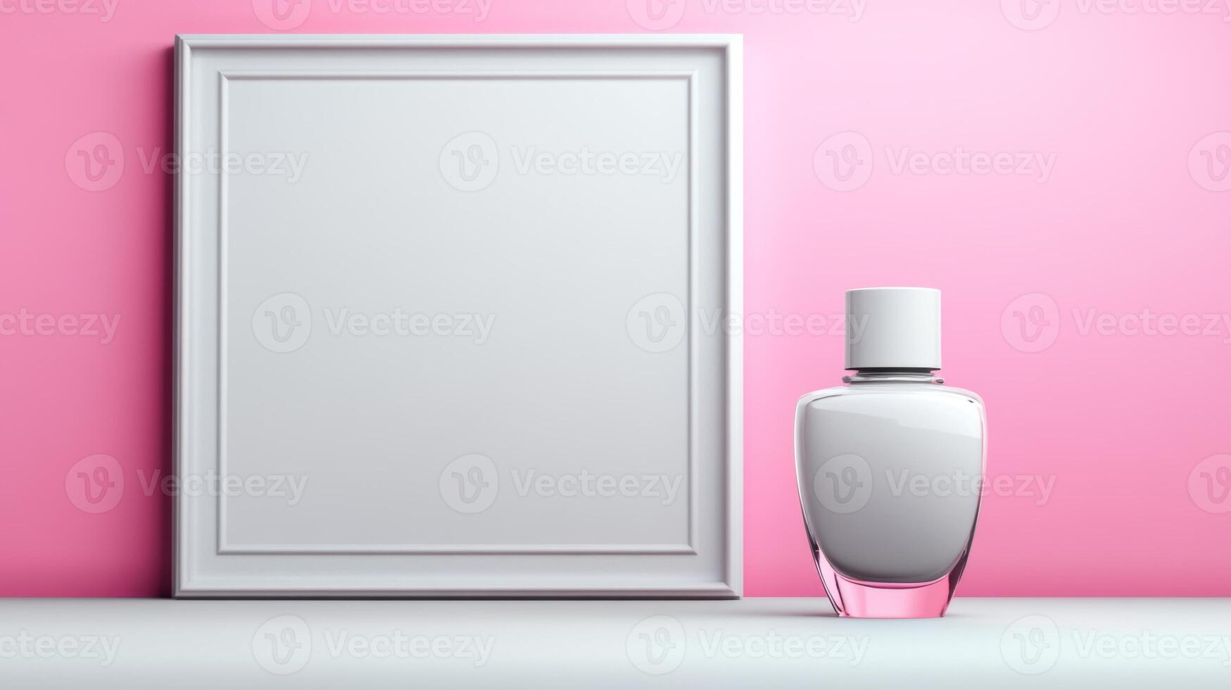 Soft white nail polish beside an empty frame on a pink background photo