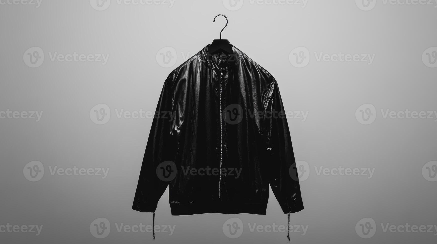 Stylish black jacket hanging against a minimalist gray backdrop photo