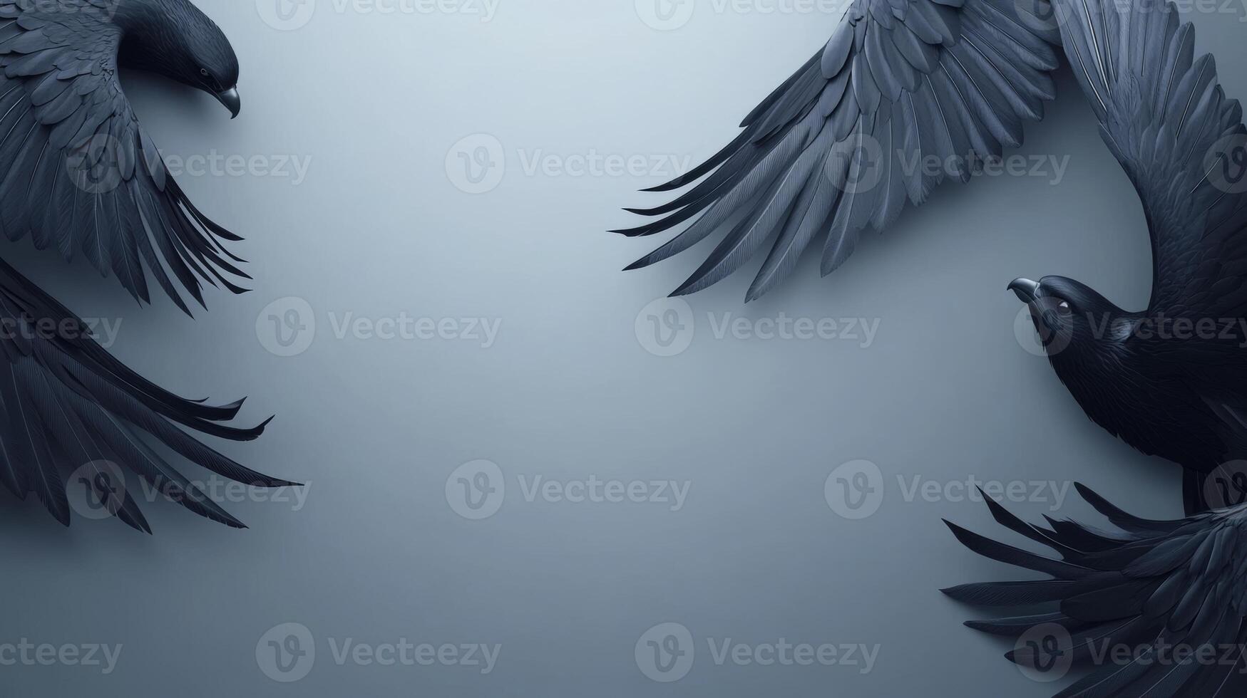 Elegant black birds in dynamic flight against a muted backdrop photo