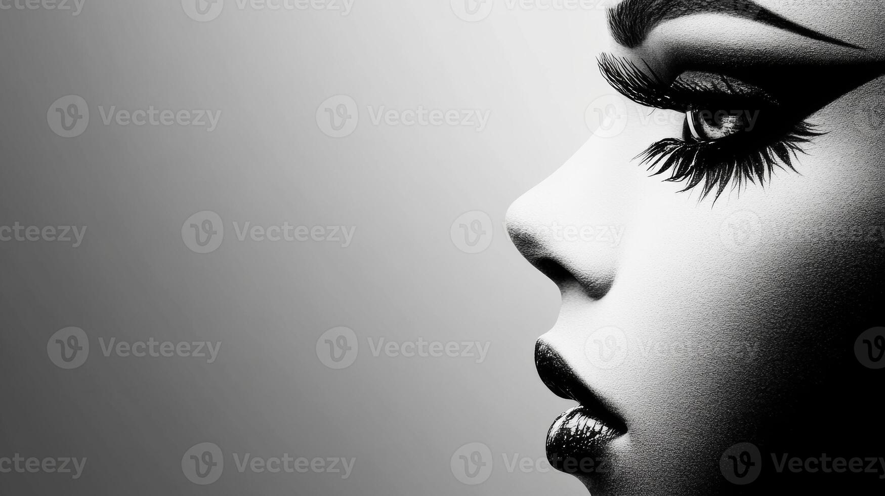Elegant side profile of a model with striking makeup and lashes photo