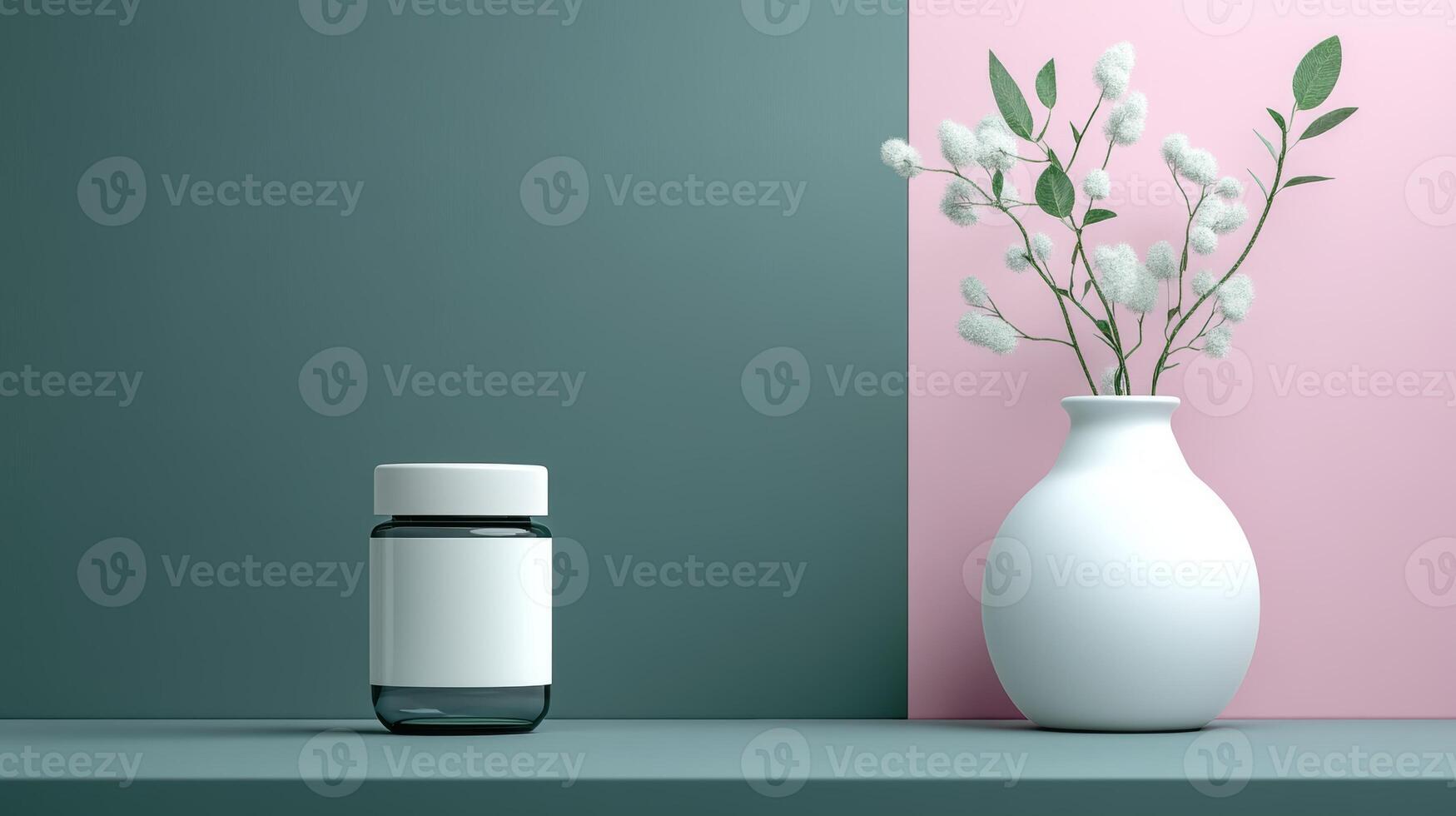 Stylish decor with a modern vase and bottle on a colorful background photo