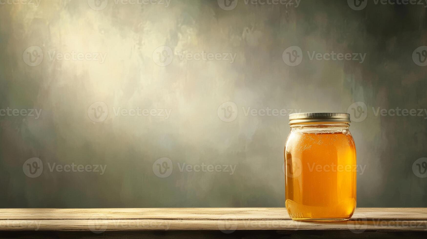 Golden honey jar resting on rustic wooden table with soft light photo