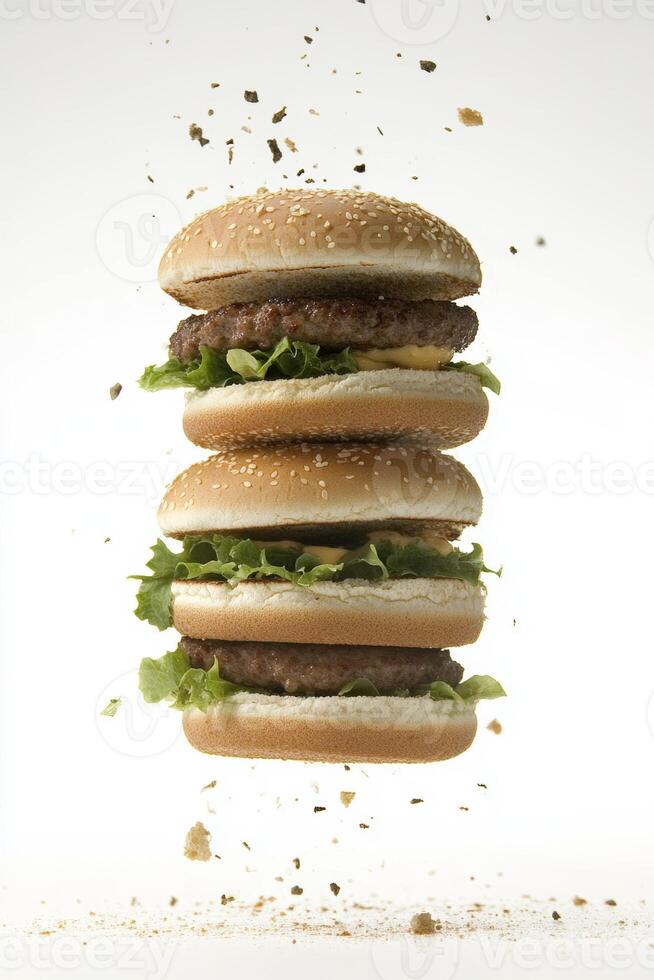 Deliciously stacked burgers floating in mid air with fresh toppings photo