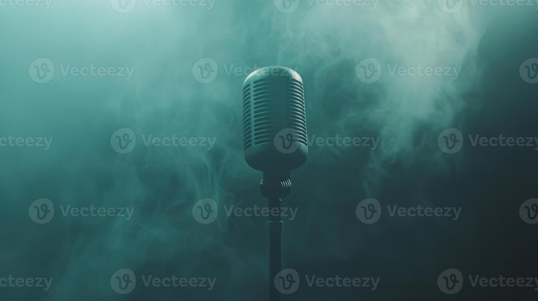 Classic microphone surrounded by ethereal fog in dim lighting photo