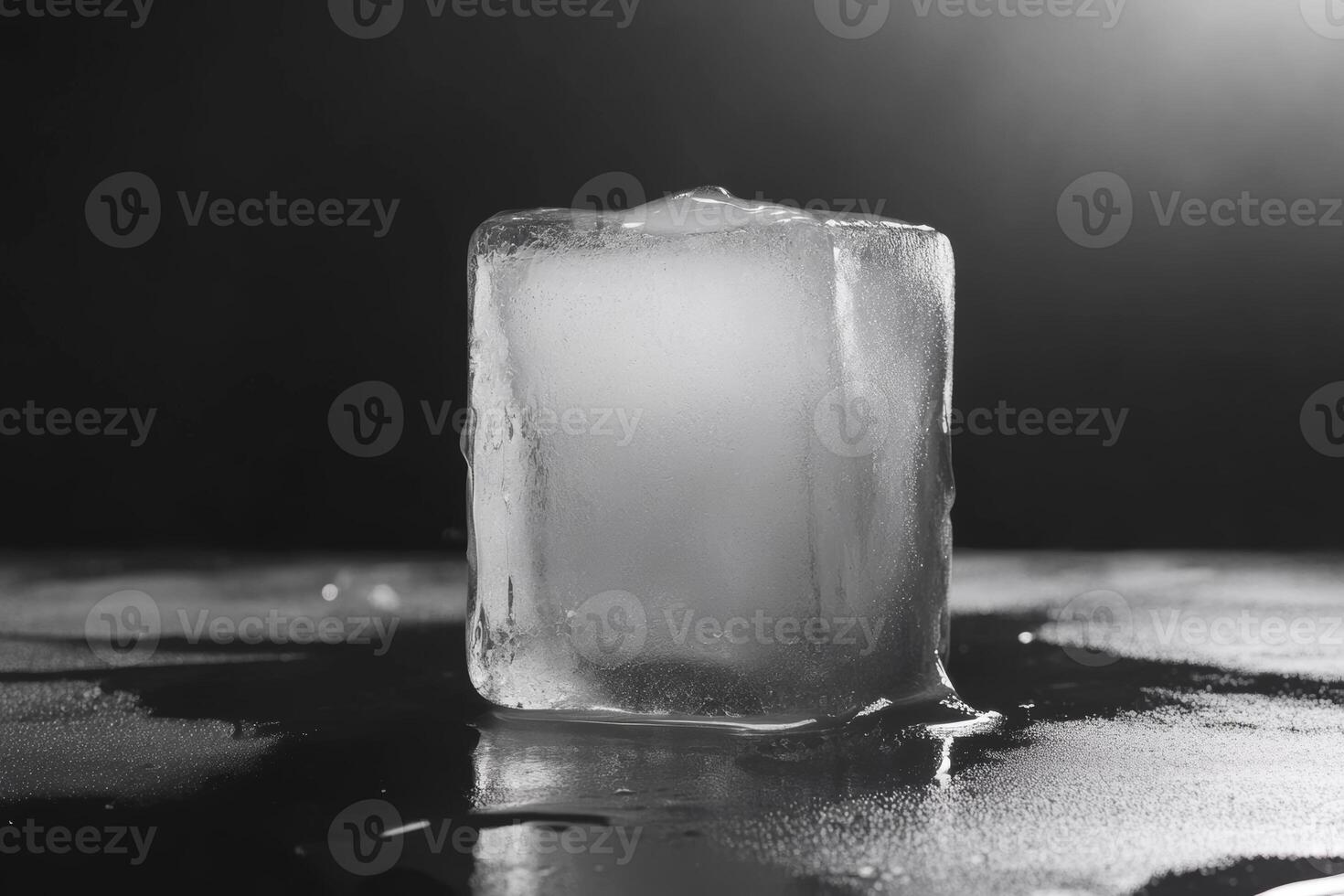 Refreshing ice cube melting in dramatic black and white setting photo
