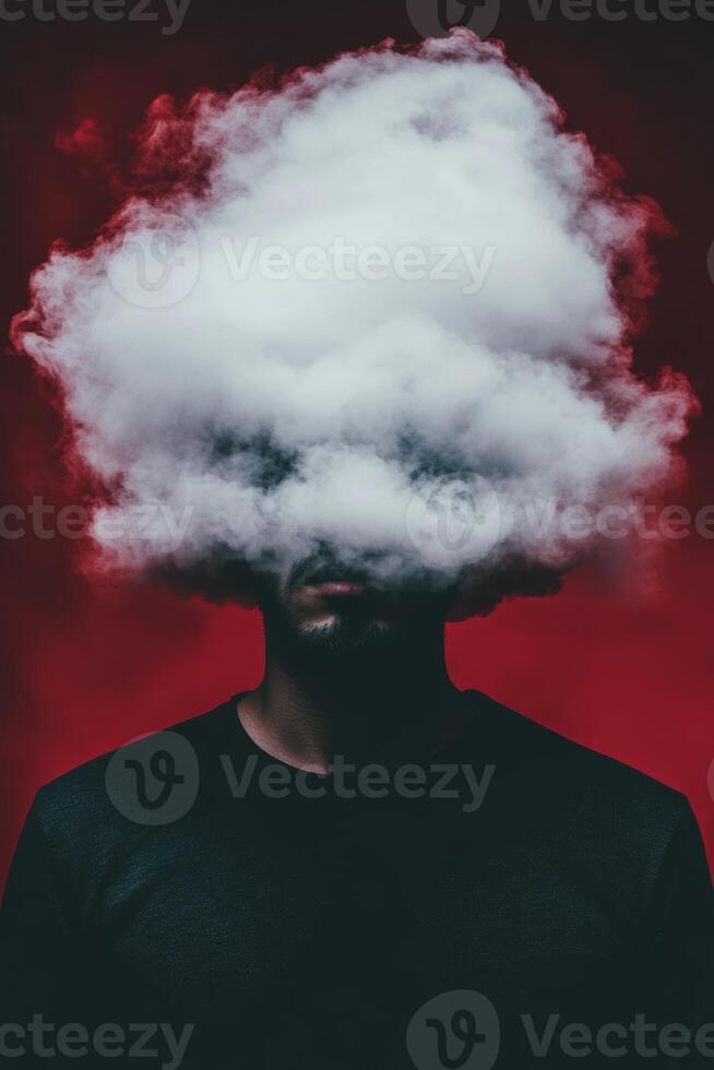 Mysterious figure with clouded mind against red backdrop photo