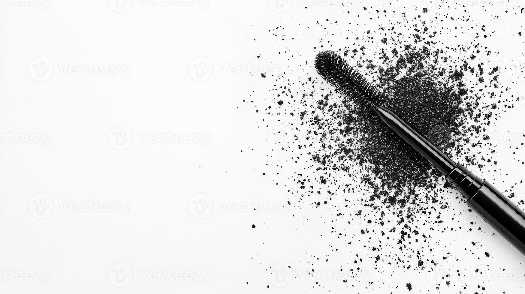 Mascara wand and black powder arranged creatively on white background photo