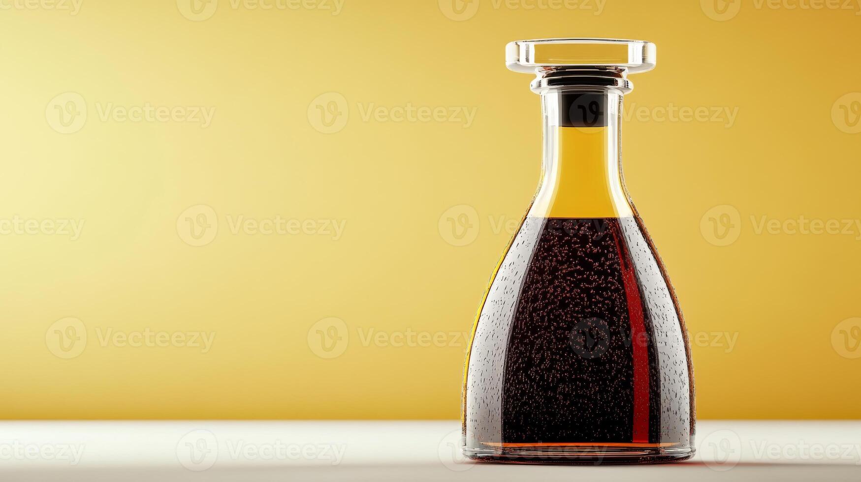 Elegant glass bottle filled with dark liquid on a yellow background photo