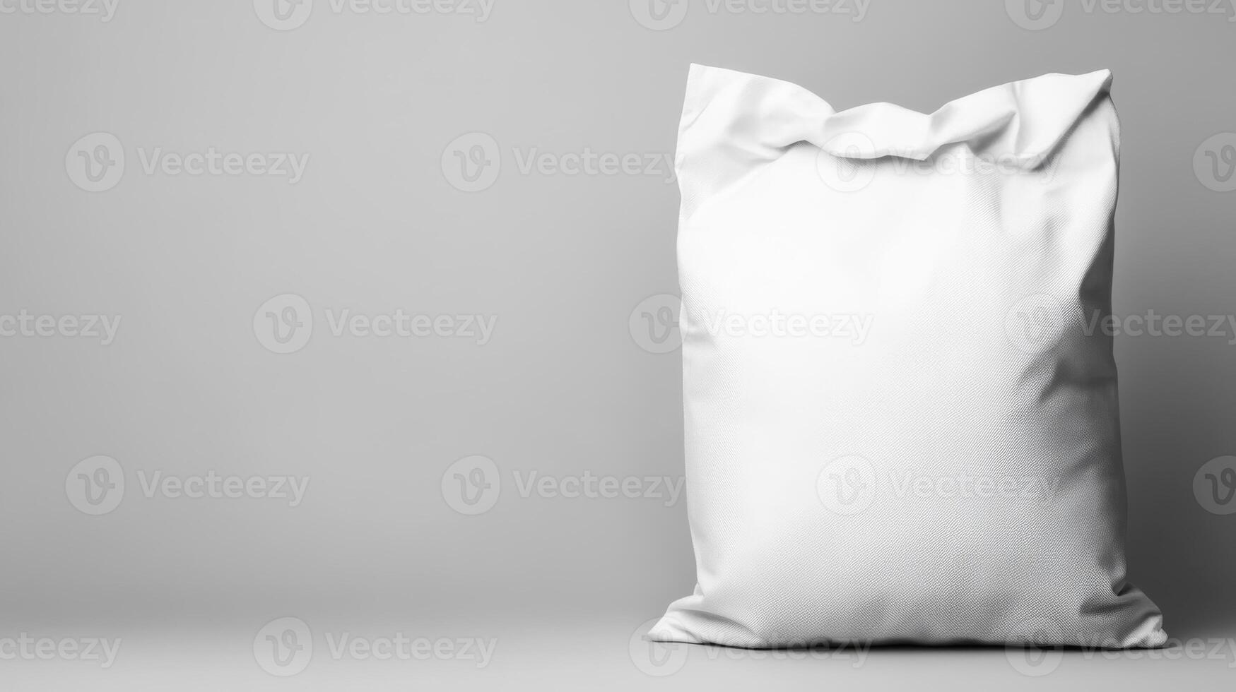 Blank white sack resting on a simple gray background photo
