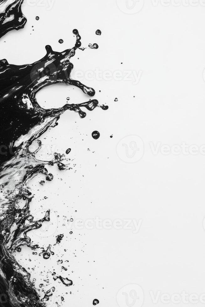 Dynamic splash of black liquid on white background photo