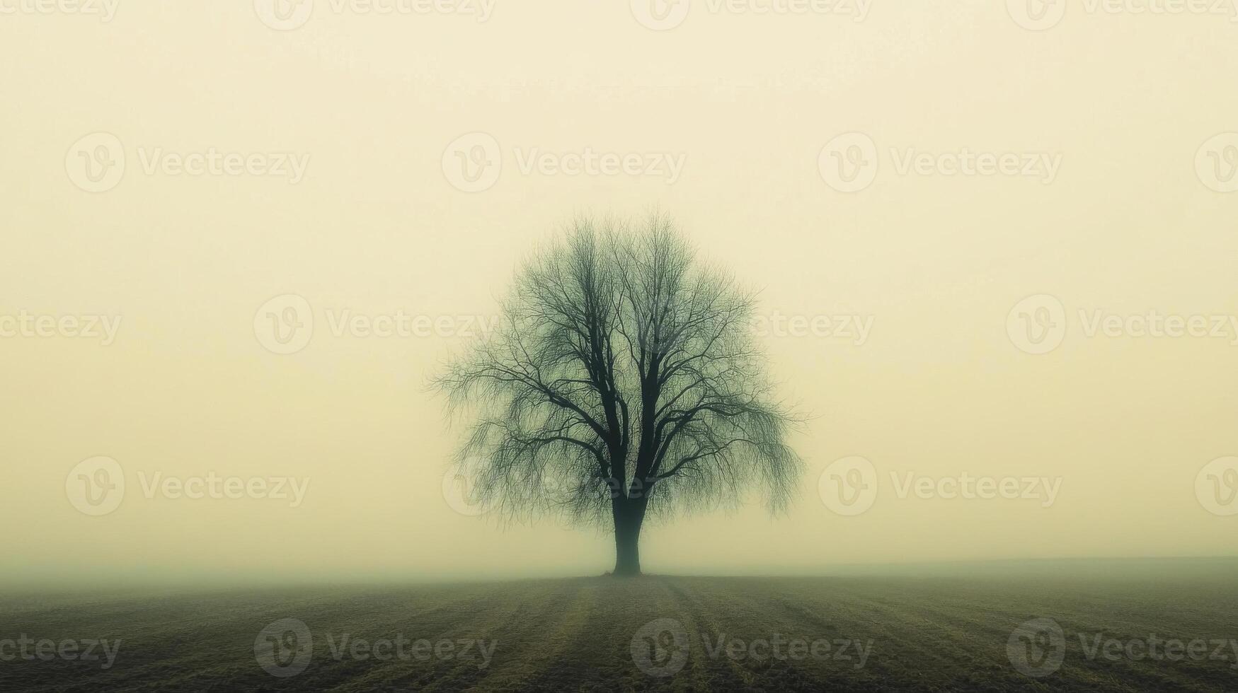Lone tree stands in a foggy field during the early morning photo