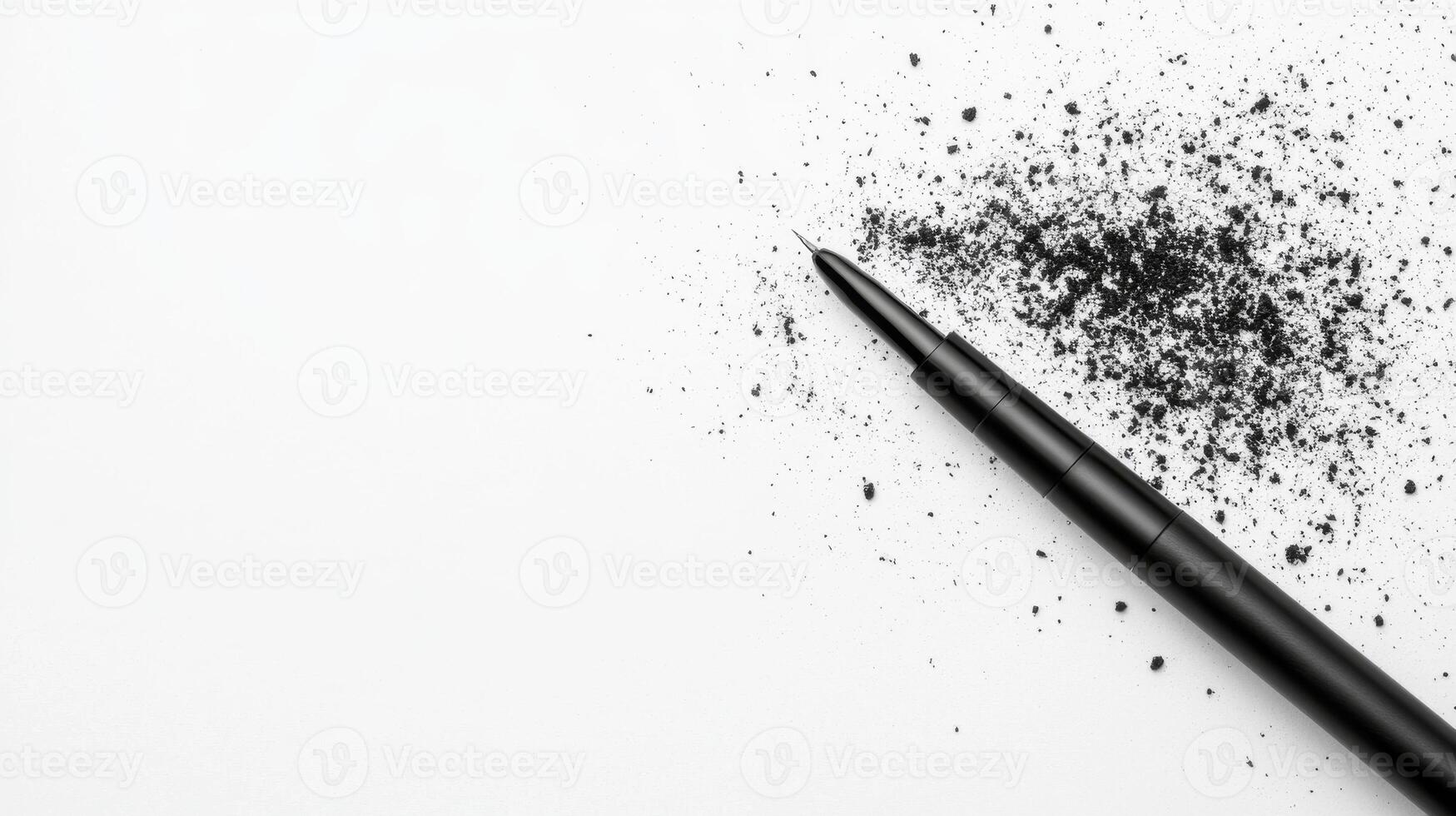 Black pencil resting beside graphite shavings on white paper photo