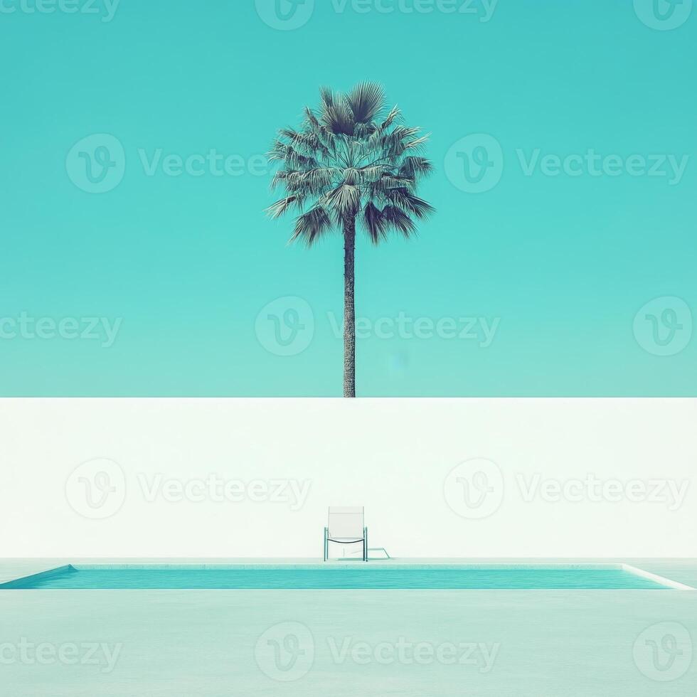 Minimalist poolside setting with palm tree and clear sky photo