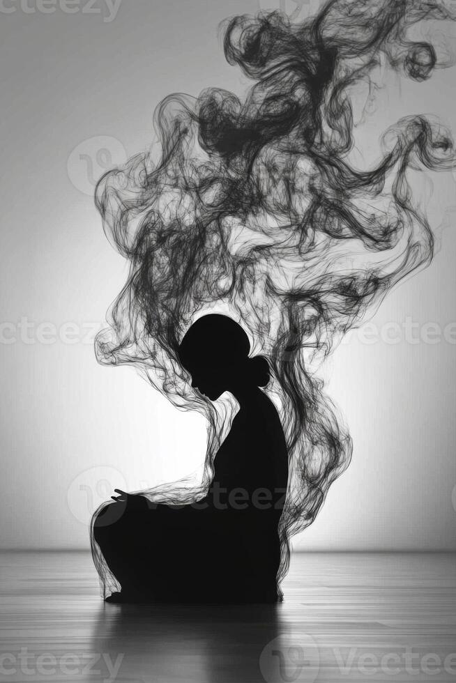Creative silhouette of a woman meditating with smoke effect photo