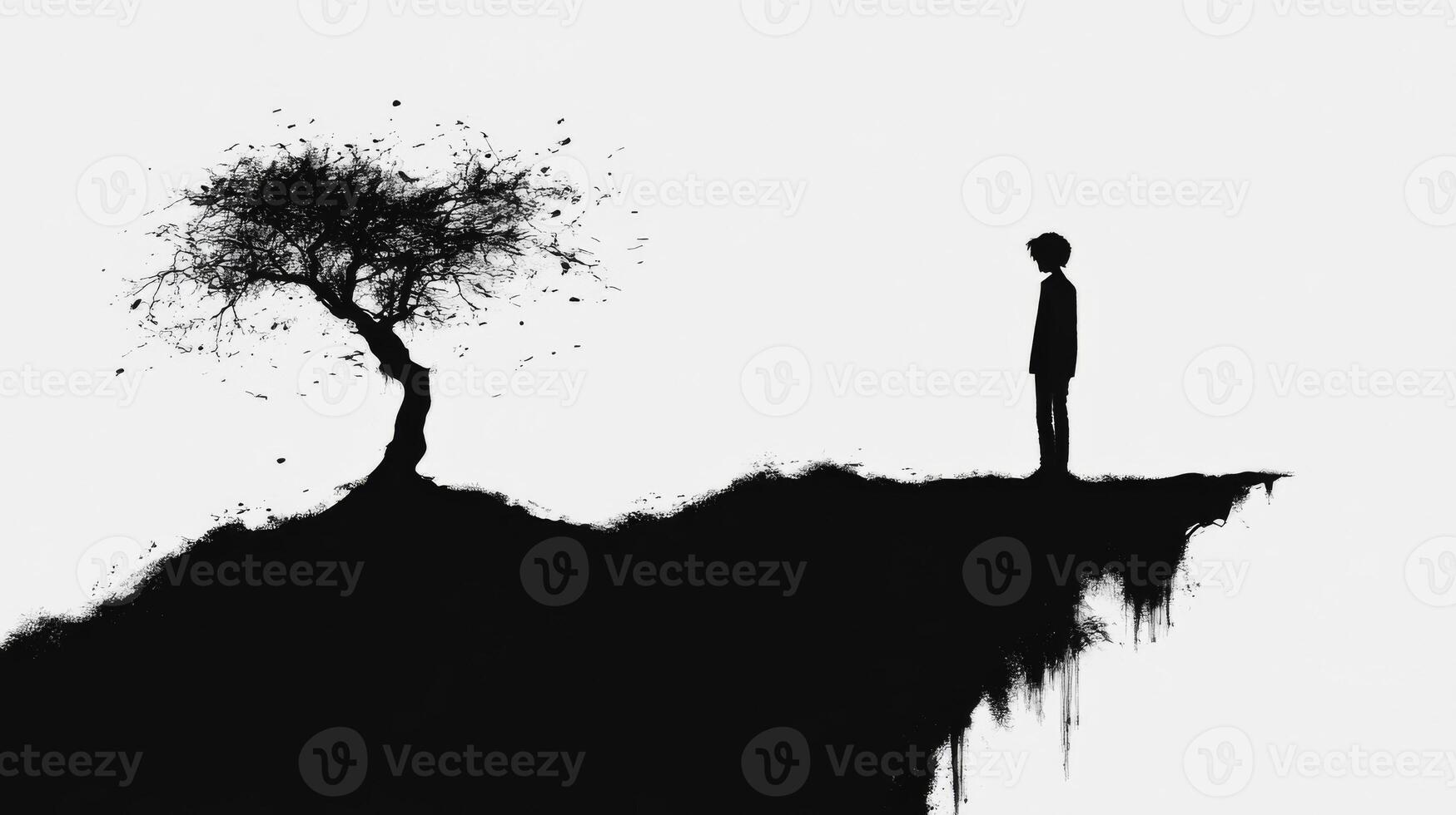Lonely boy stands near a solitary tree on a cliff photo