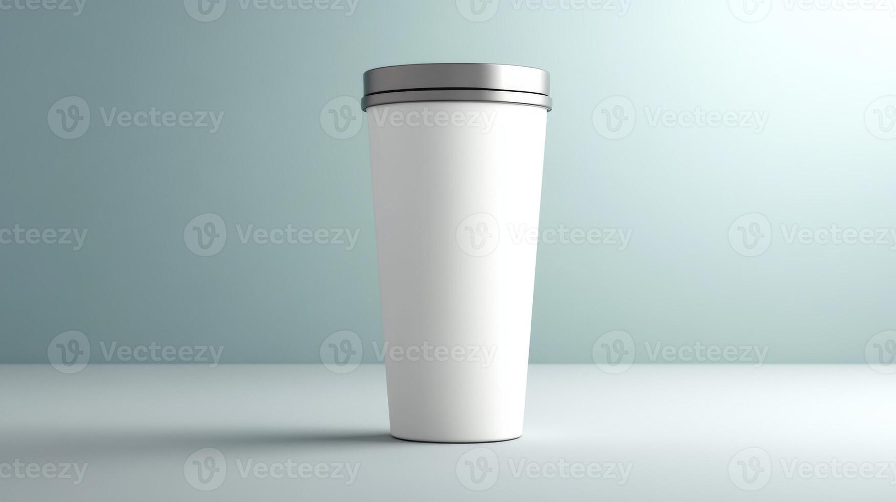 White travel mug placed on a smooth surface indoors photo