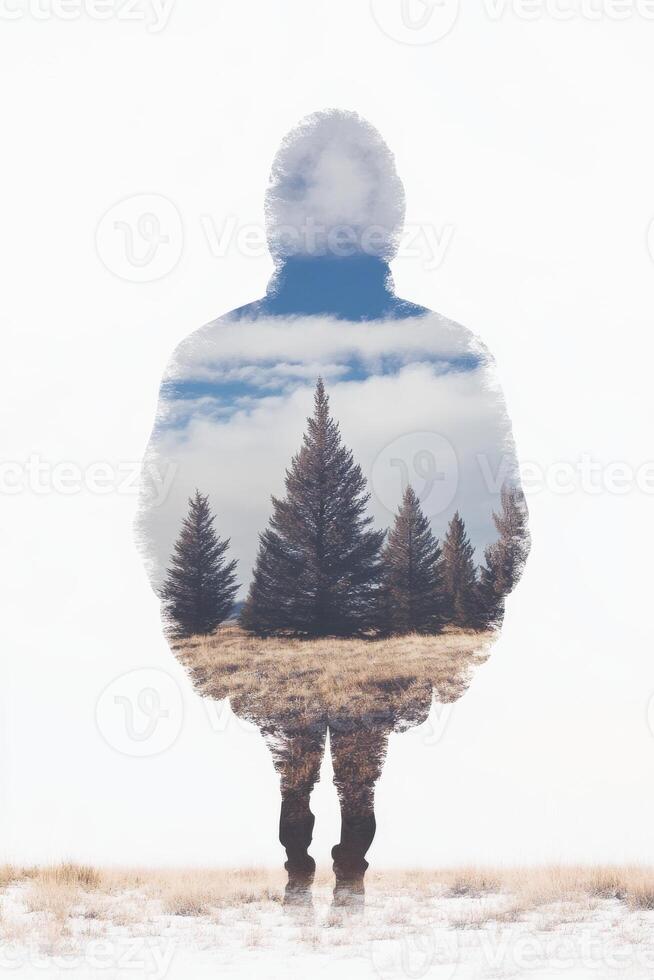 Person standing in a forest landscape silhouette with cloudy sky photo