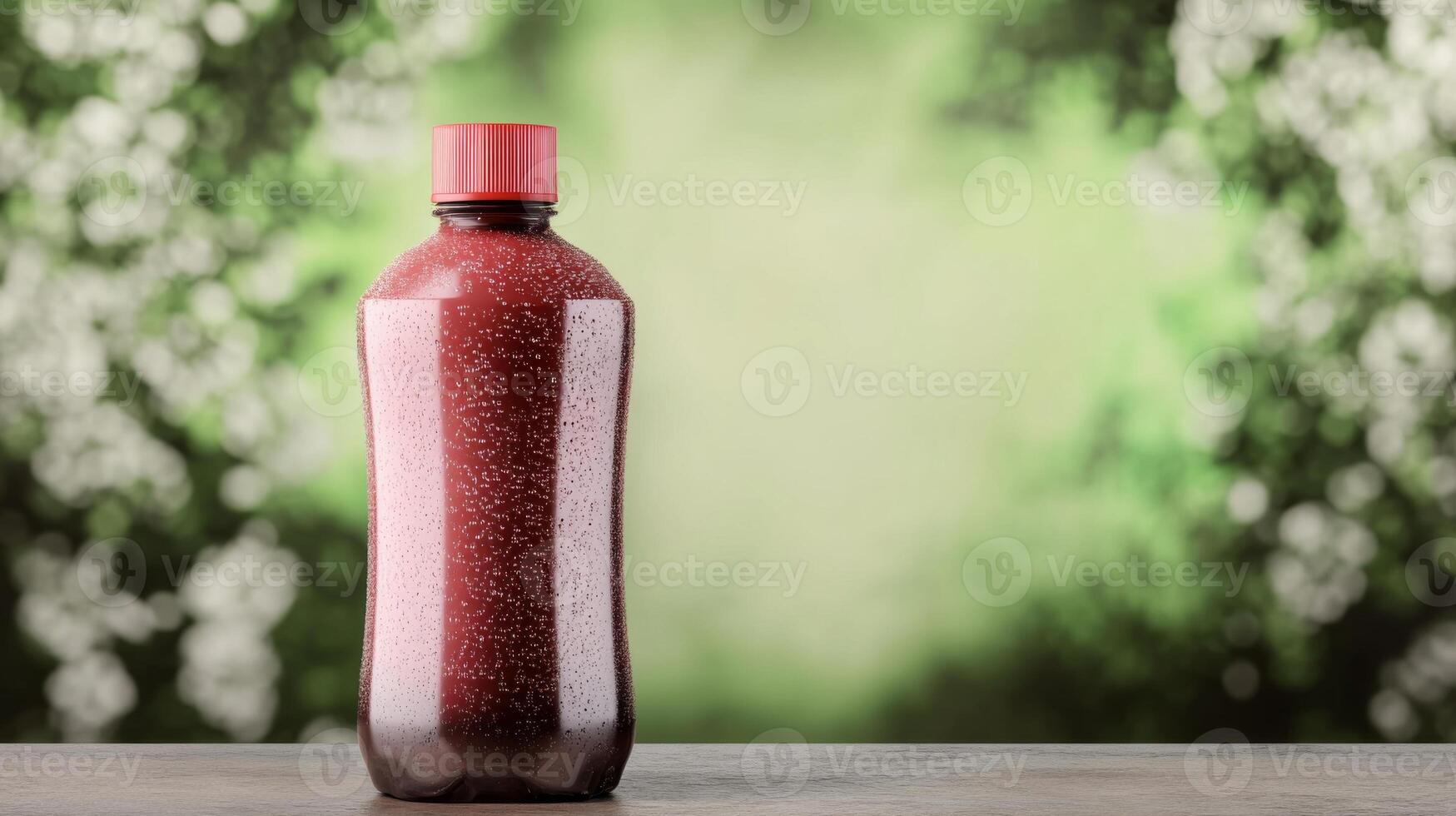 Refreshing bottled drink placed on a table in a natural setting photo