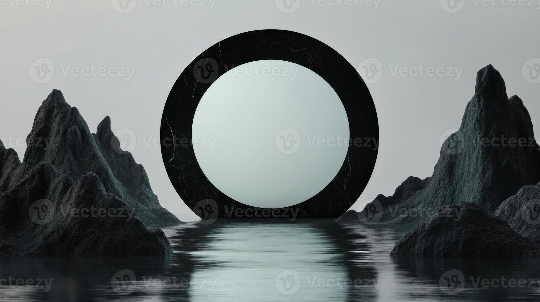Modern circular mirror in surreal mountain landscape at twilight photo