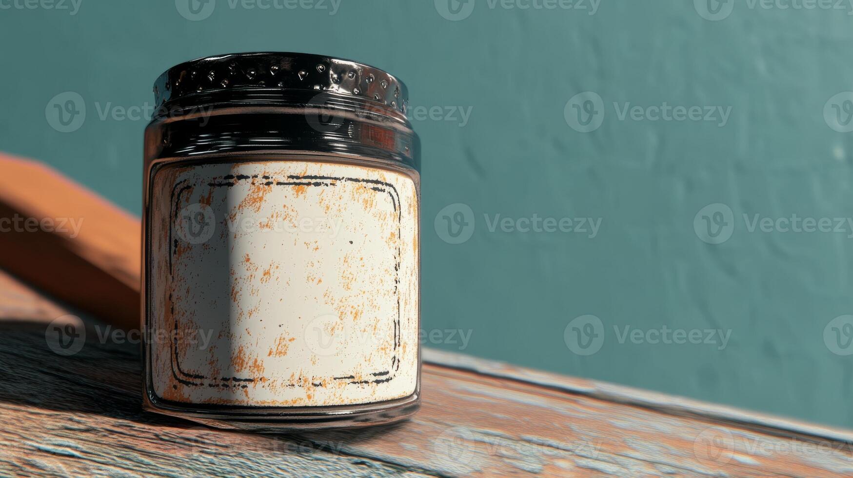 Rustic jar with a blank label on a weathered wooden table photo