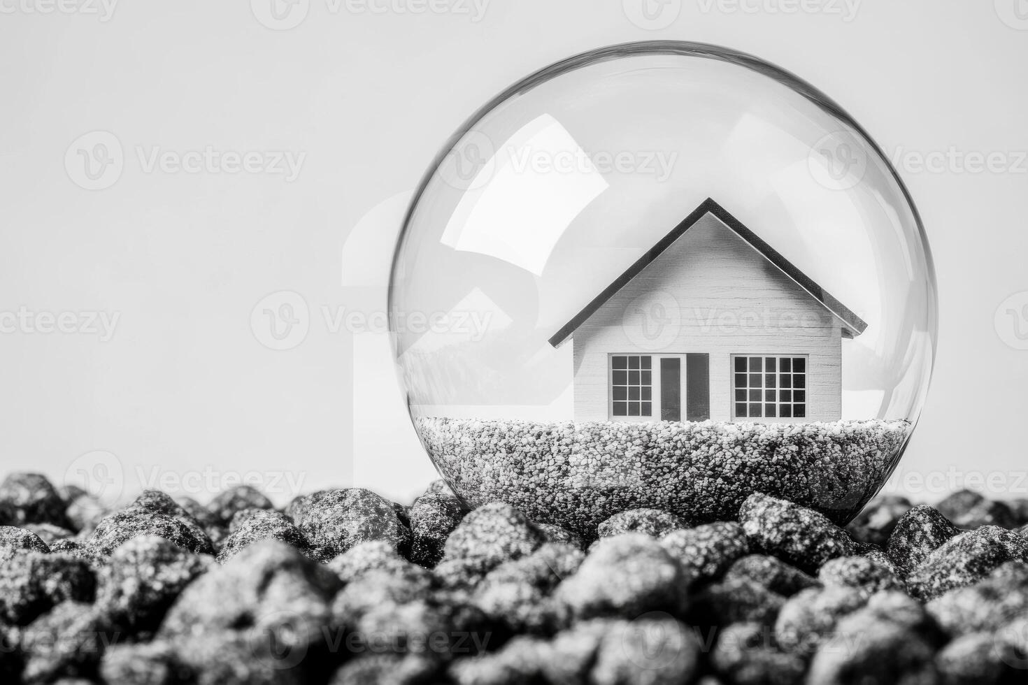 House model in glass sphere on black stones with minimalist design photo