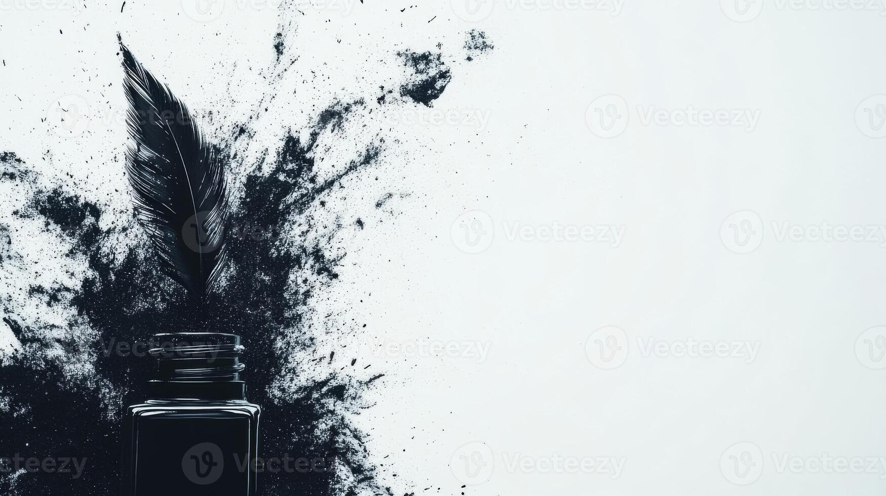 Ink splatter creation with quill and ink bottle on white backdrop photo
