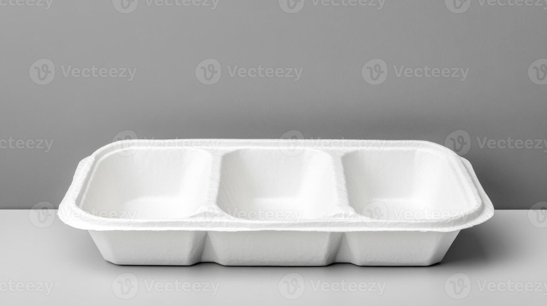 Plain white tray divided into three compartments on a gray surface photo