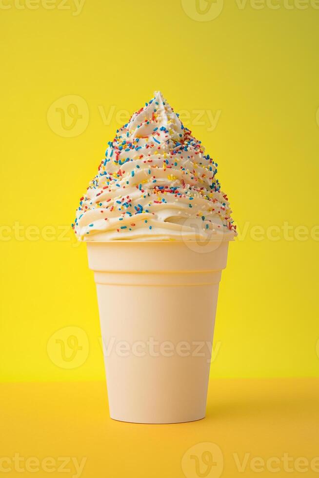 Colorful ice cream cone with sprinkles on a bright yellow backdrop photo