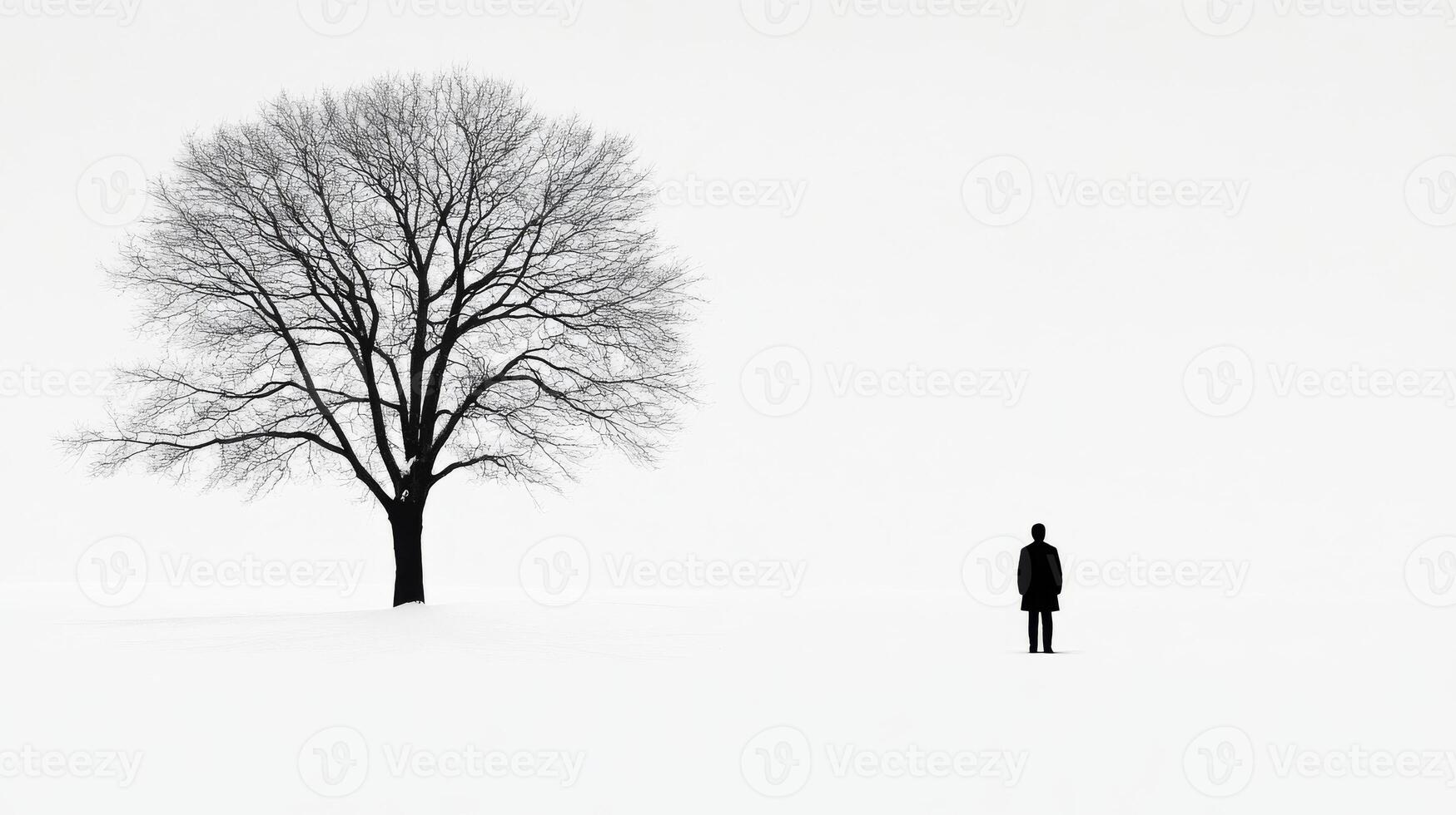Person standing alone in winter landscape with bare tree photo