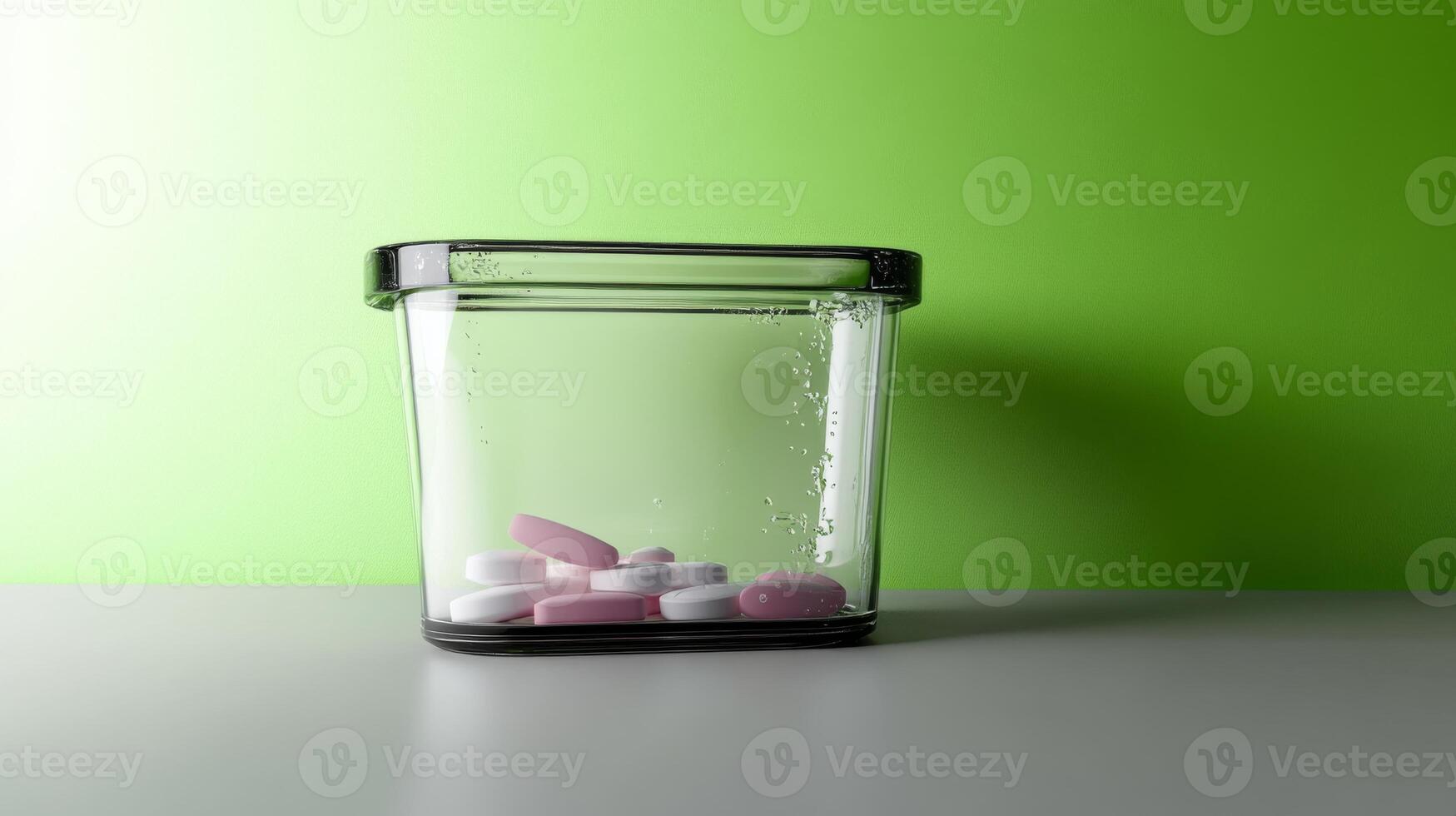 Tablets dissolving in a glass container with bubbles forming photo