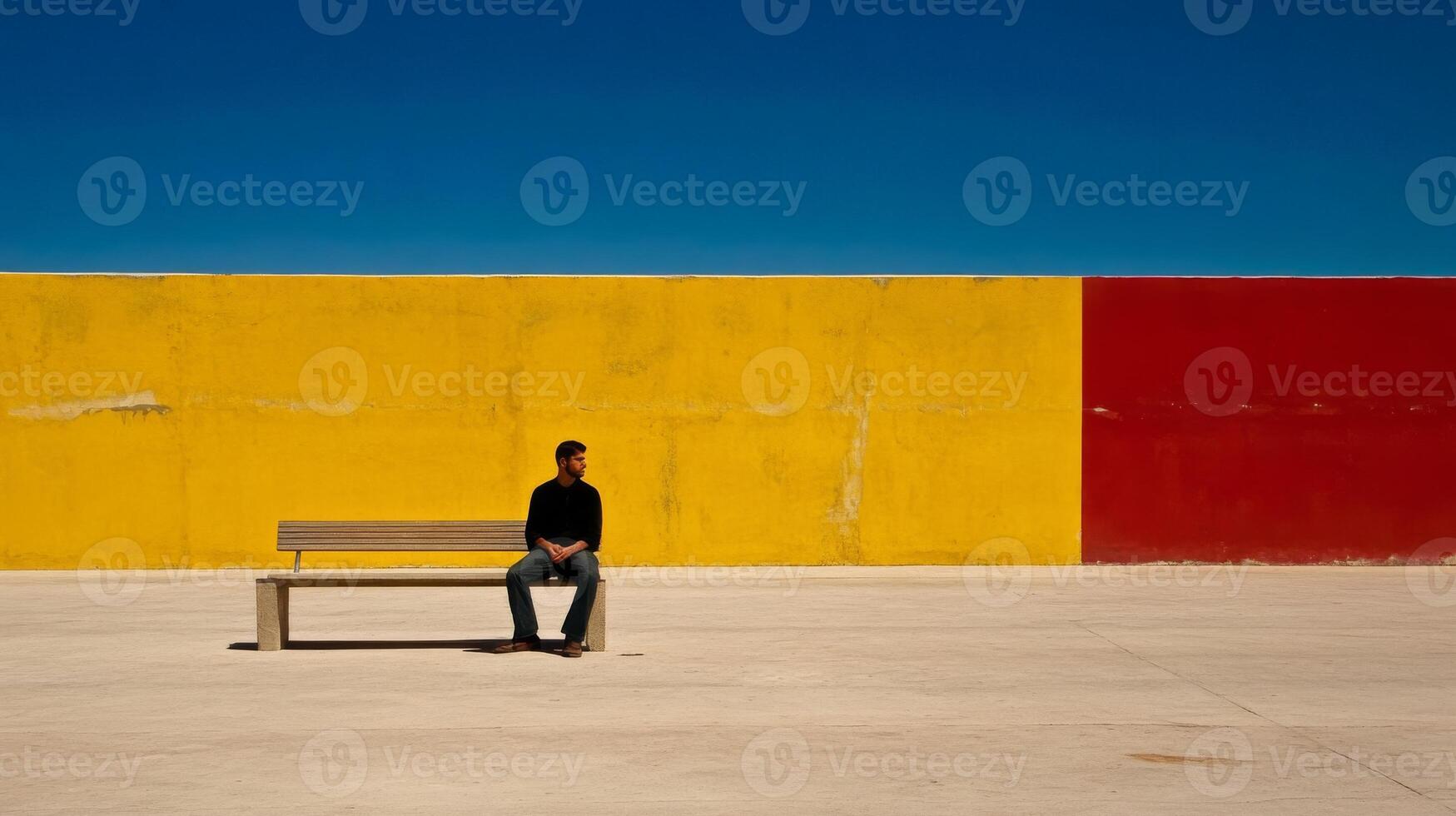 Man sitting on bench against colorful wall in bright sunlight photo