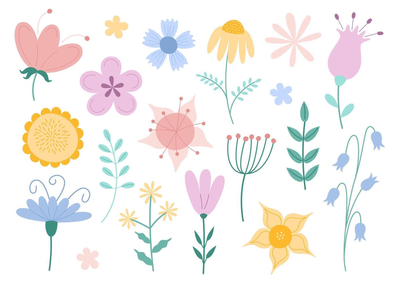 Large set of colorful flowers, spring, summer flowers, buds, leaves. Illustration on white background. vector