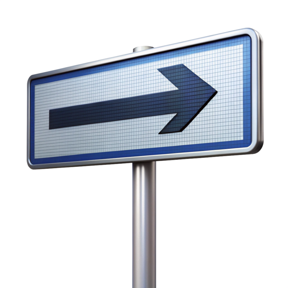Arrow direction sign with integrated solar powered lighting is isolated on transparent background png
