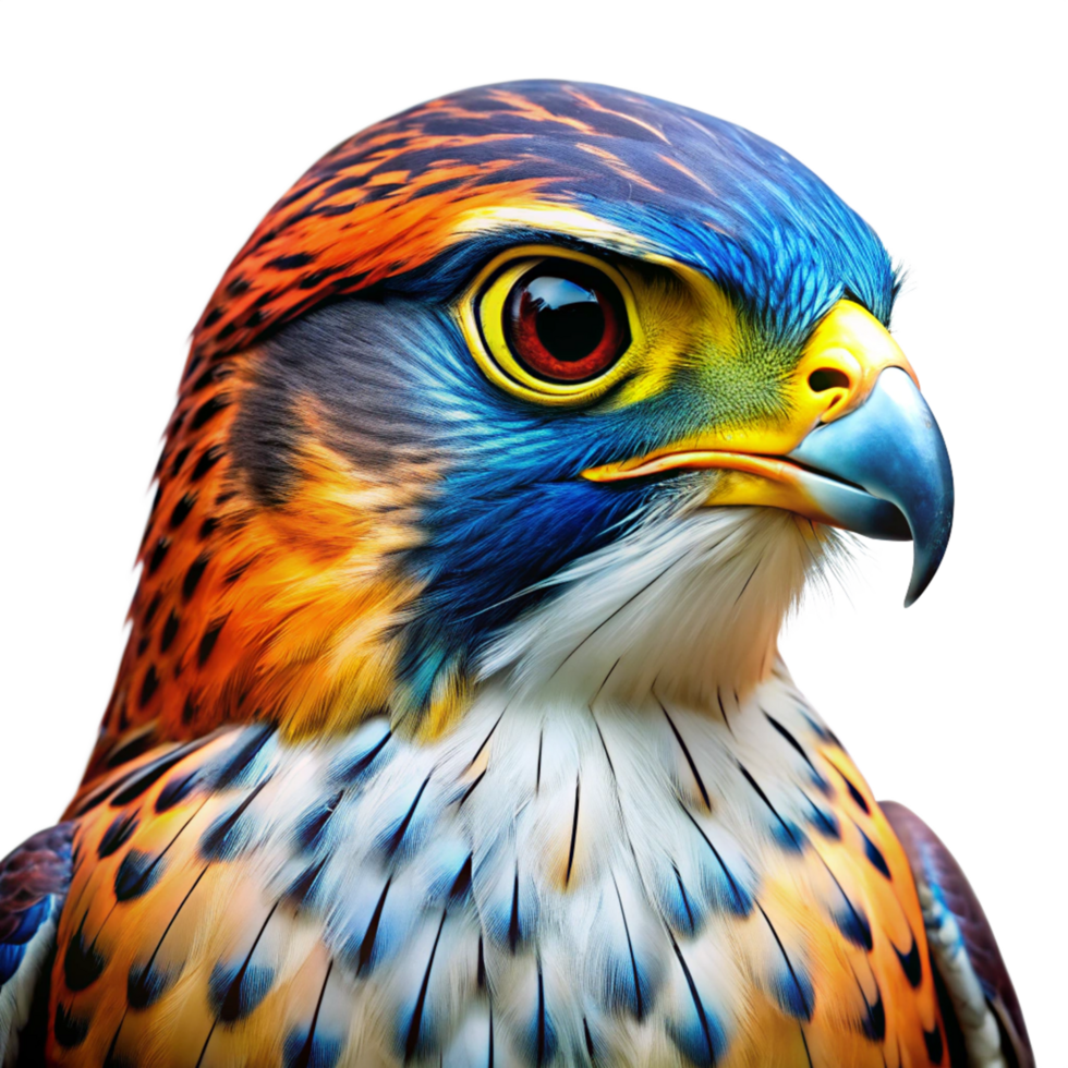 3d beautiful colourful falcon head is isolated on transparent background png