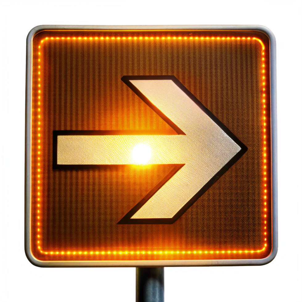 Reflective arrow direction sign for safety in low light is isolated on transparent background png