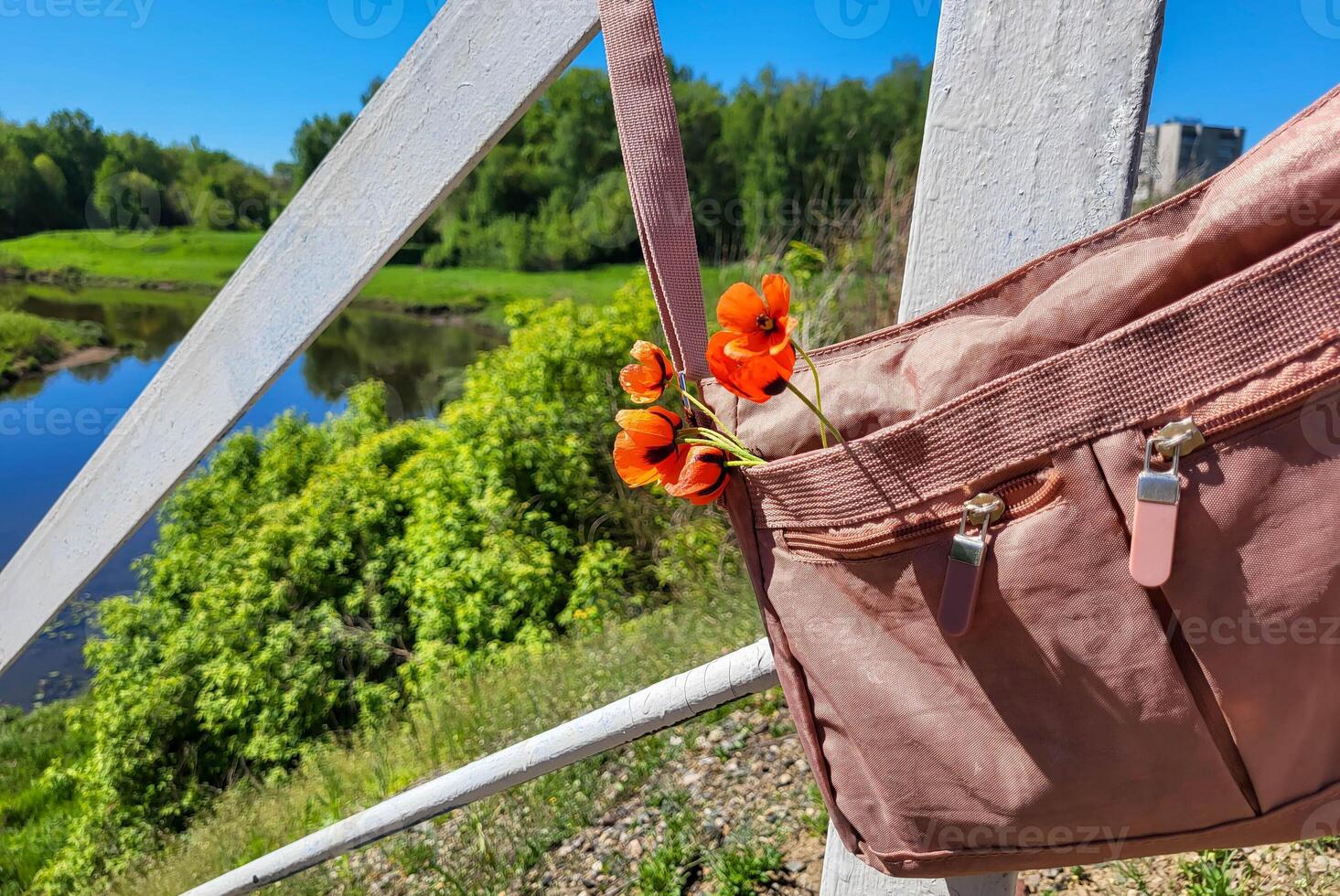 A pink handbag on a long strap with blooming live poppies hangs on the railing photo