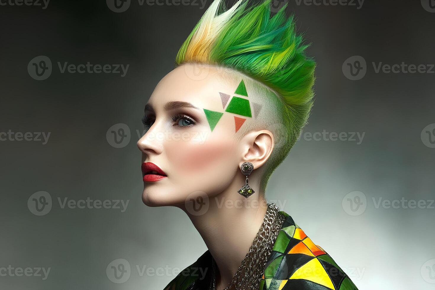 A stunning fashion model with vibrant green hair, showcasing bold, creative make-up that complements her unique look, exuding confidence and style photo