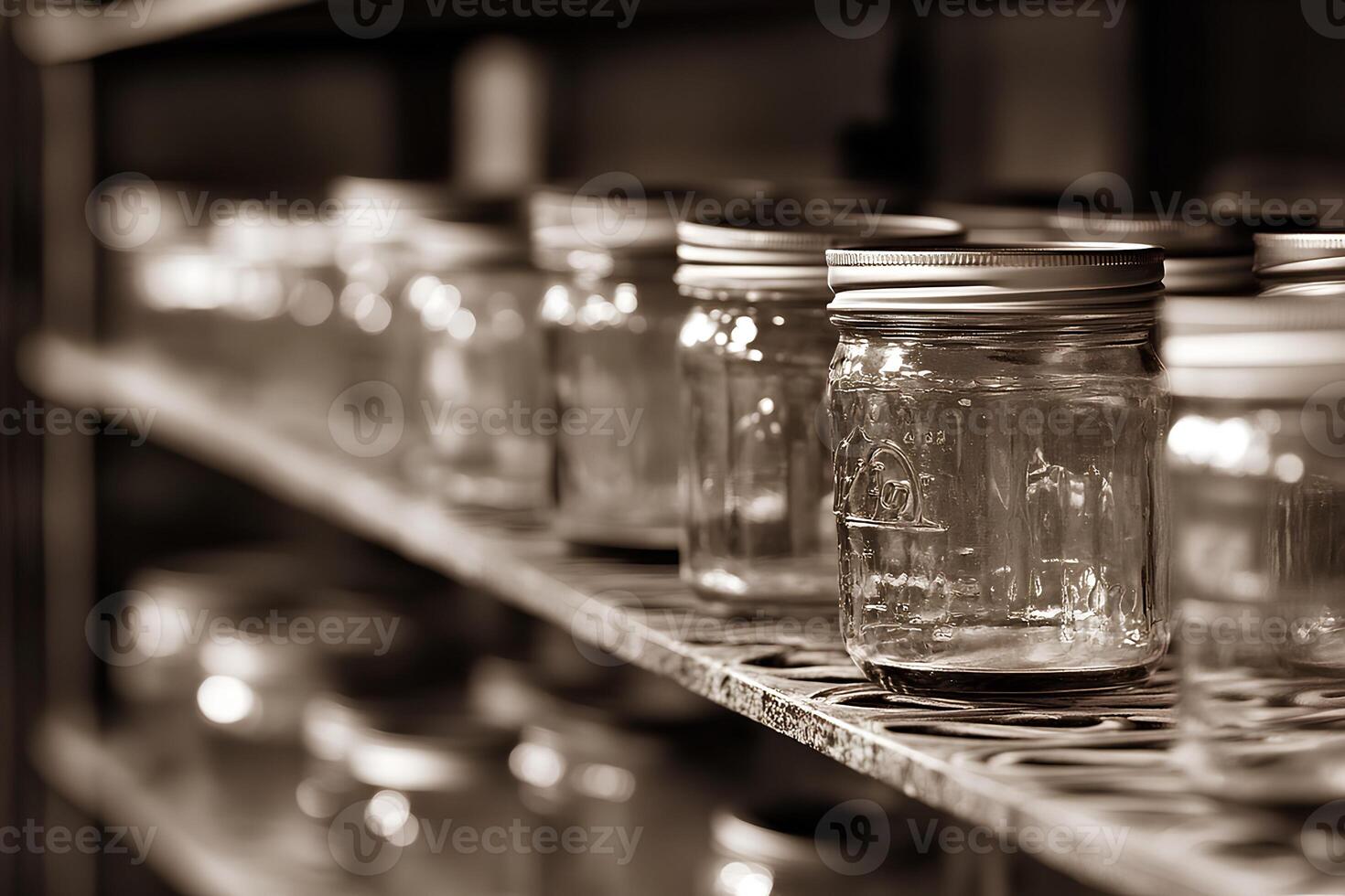 Black and white image of glass jars neatly arranged on a shelf in a store, emphasizing simplicity and organization photo