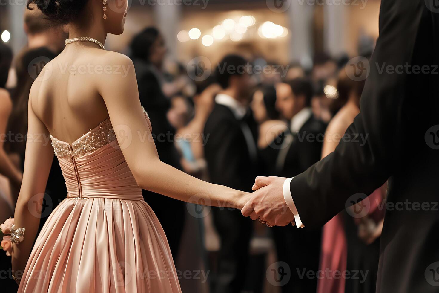 A beautiful moment of a wedding couple holding hands, with the bride and groom exchanging a handshake, symbolizing their commitment and unity photo