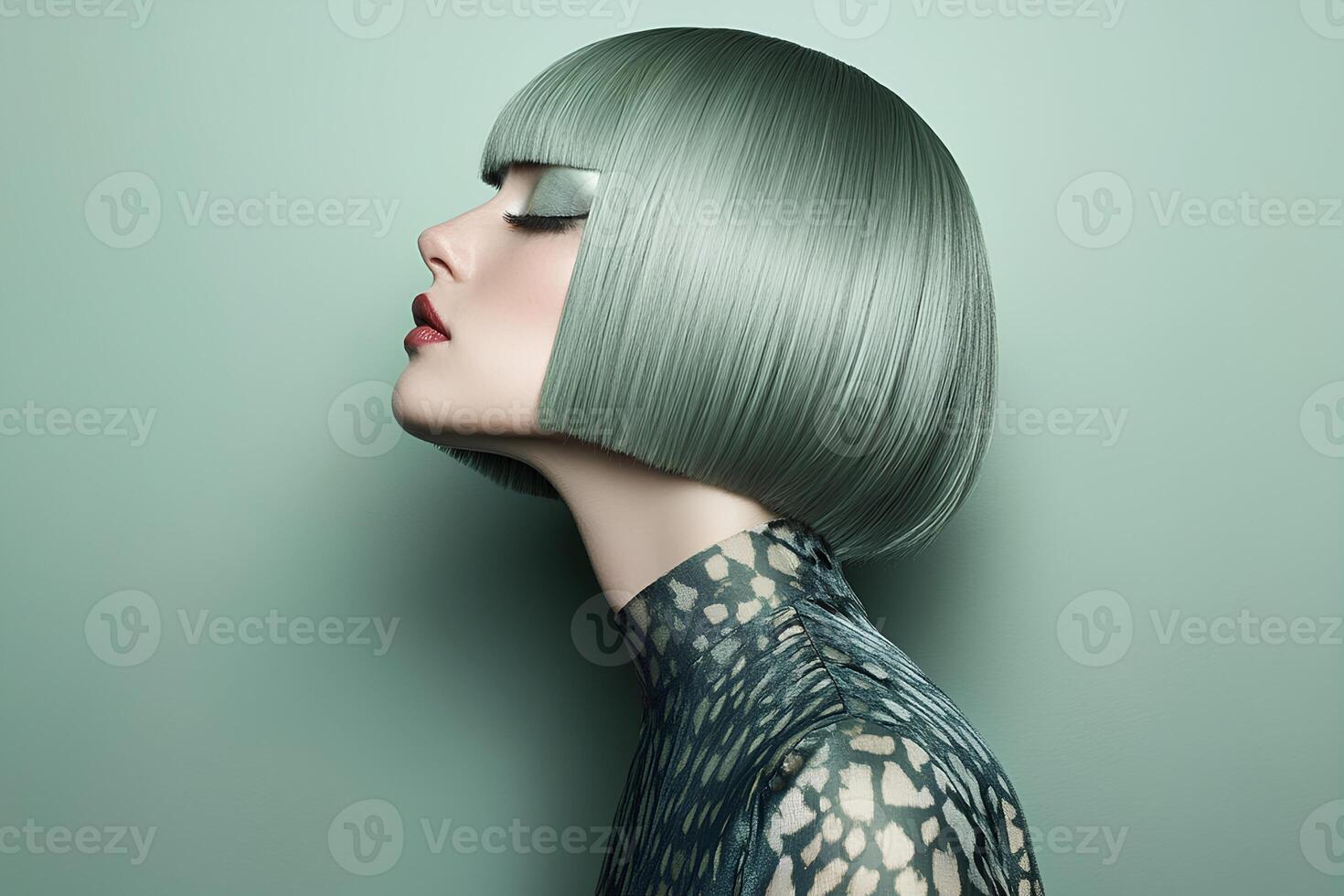 A stylish woman with short green hair, exuding confidence and modern fashion, highlighting a bold and creative hairstyle in a chic setting photo
