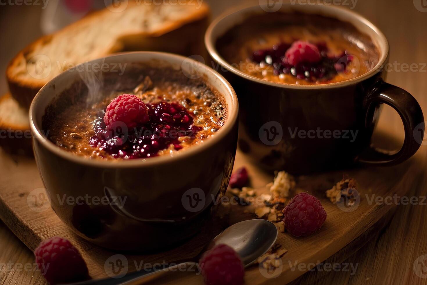 A delicious close-up of creme brulee served in two cups, topped with fresh raspberries and accompanied by toasted bread, offering a perfect blend of textures and flavors photo